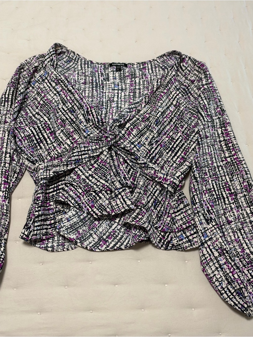 Express Black, White & Purple Twist-Front Long Sleeve Blouse